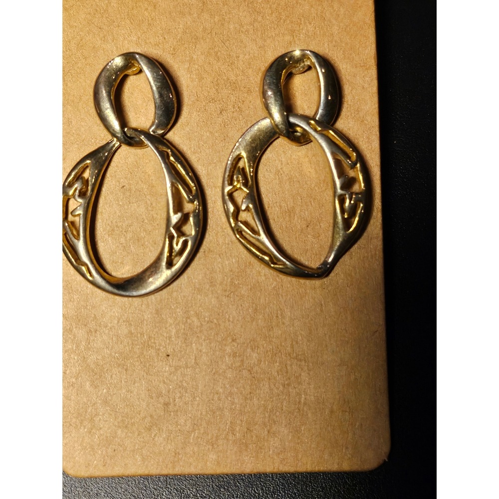 Vintage Gold Tone Interlocking Double Hoop Drop Earrings Cutout Filigree Design